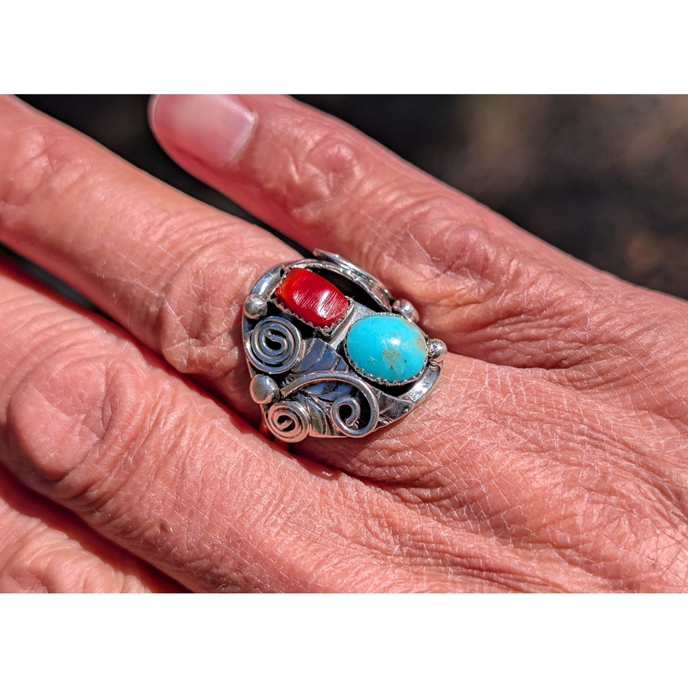 Navajo Men's Ring Sterling Turquoise Coral by Lorena Brown‎ 10.5 Southwest **